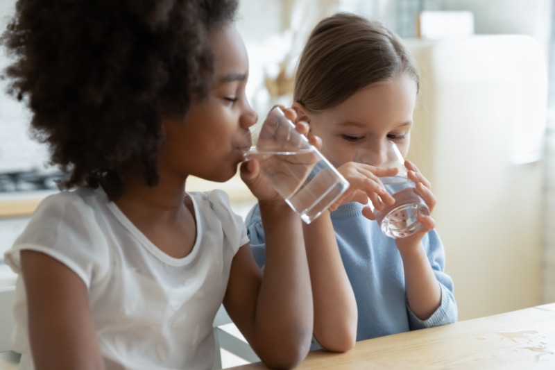 Reduce Microplastics In Your Drinking Water. Image is a photograph of two young girls drinking water out of two glasses at a kitchen counter.